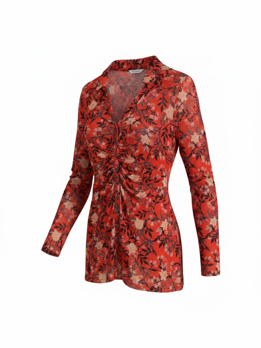 Free People Red Floral Ruched V-Neck Blouse